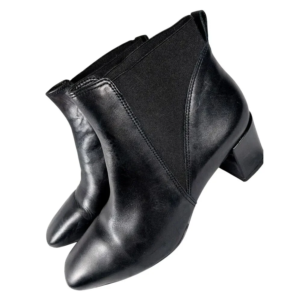 TALBOTS! BLACK GENUINE LEATHER, ELASTIC SIDE INSET, CHUNKY HEEL ANKLE BOOTS! 7M